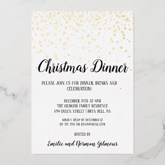 Minimalistisch Modern Confetti Kerstdiner Goud Folie Uitnodiging (Voorkant)