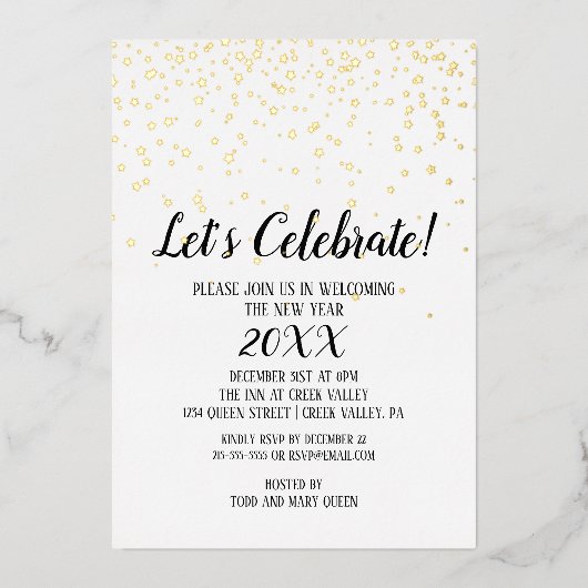 Minimalistisch modern Confetti nieuwjaarsgoud Folie Uitnodiging (Voorkant)