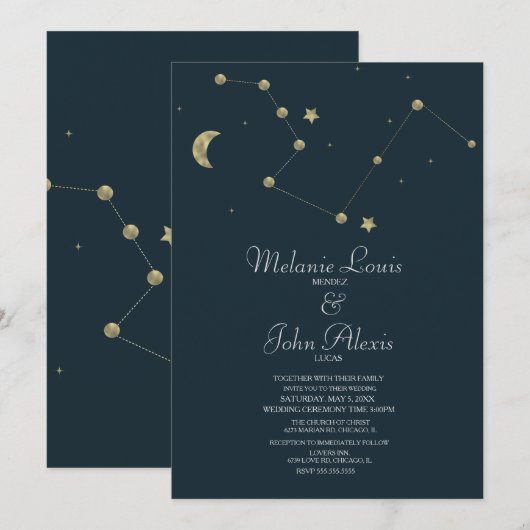 Minimalistisch modern constellatie Gold Foil Weddi Kaart (Voorkant / Achterkant)