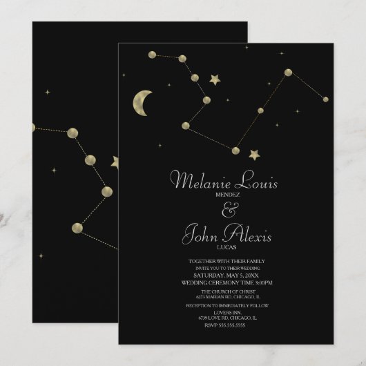 Minimalistisch modern constellatie Gold Foil Weddi Kaart (Voorkant / Achterkant)