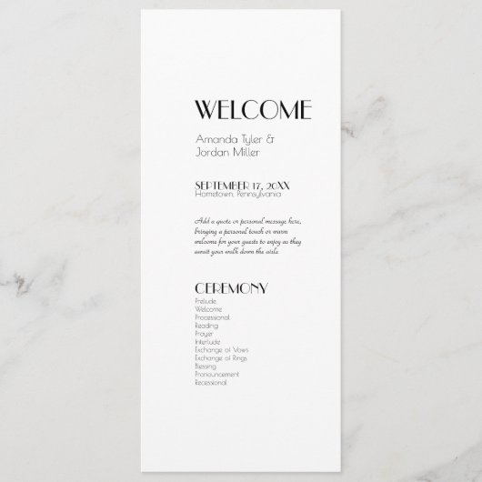 Minimalistisch modern deco-huwelijk programmakaart (Voorkant)