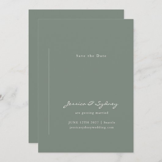 Minimalistisch modern donkergrijs groen script huw save the date (Voorkant / Achterkant)