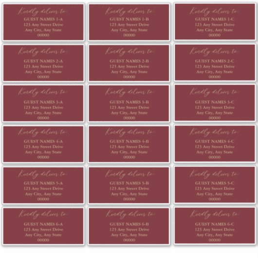 Minimalistisch modern donkerrood bruiloft gastadre sticker (Voorkant)