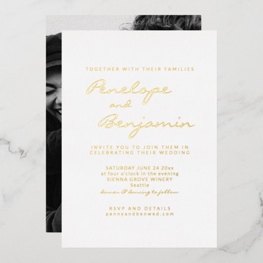 Minimalistisch modern Elegant Photo Wedding Gold Folie Uitnodiging (Voorkant / Achterkant)