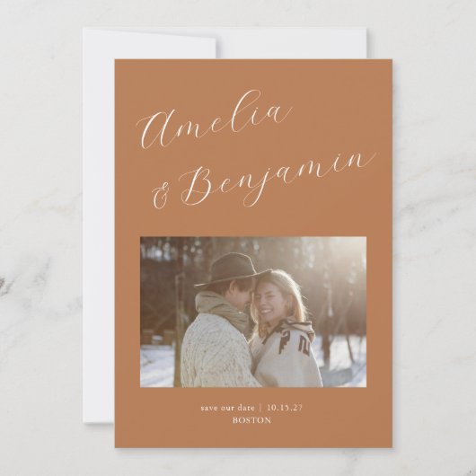 Minimalistisch Modern Elegant Script Terracotta Fo Save The Date (Voorkant)