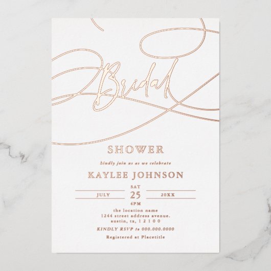 Minimalistisch modern Fancy script "bruids" douche Folie Uitnodiging (Voorkant)