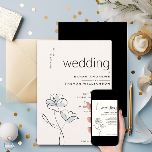 Minimalistisch Modern Floral Dusty Blue en Buff Kaart