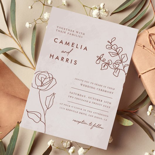 Minimalistisch Modern Floral Sketch Elegant Weddin Kaart