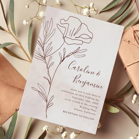 Minimalistisch Modern Floral Sketch Elegant Weddin Kaart