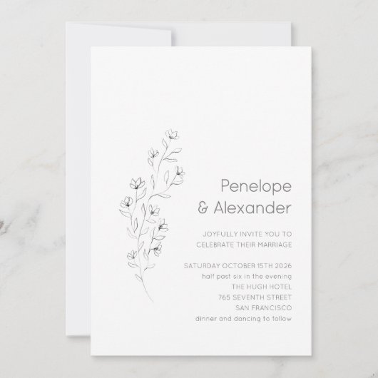 Minimalistisch Modern Floral Sketch Elegant Weddin Kaart (Voorkant)