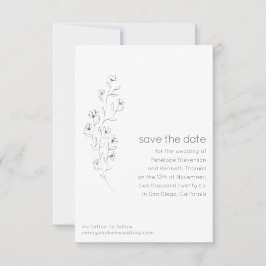 Minimalistisch Modern Floral Sketch Elegant Weddin Save The Date (Voorkant)
