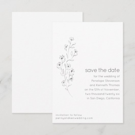 Minimalistisch Modern Floral Sketch Elegant Weddin Save The Date (Voorkant / Achterkant)