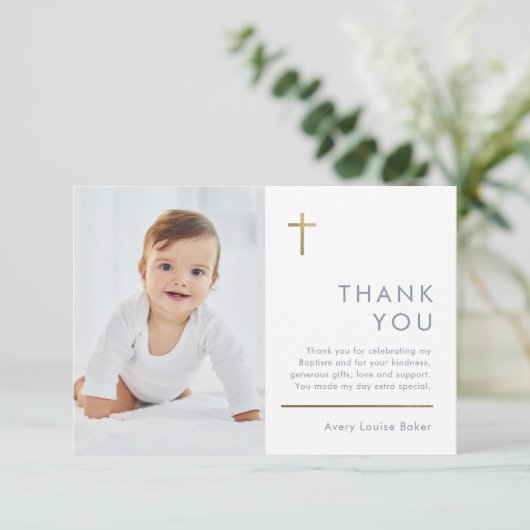 Minimalistisch modern fotobaptisme bedankkaart (Staand voorkant)