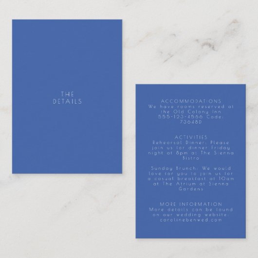 Minimalistisch modern  Frans blauw huwelijk Informatiekaartje (Voorkant / Achterkant)