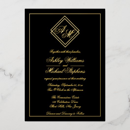 Minimalistisch modern Geometric Monogram Weddensch Folie Uitnodiging (Voorkant)