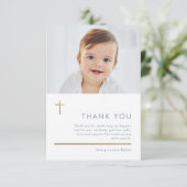 Minimalistisch modern Gold Cross Photo Baptisme Bedankkaart (Staand voorkant)