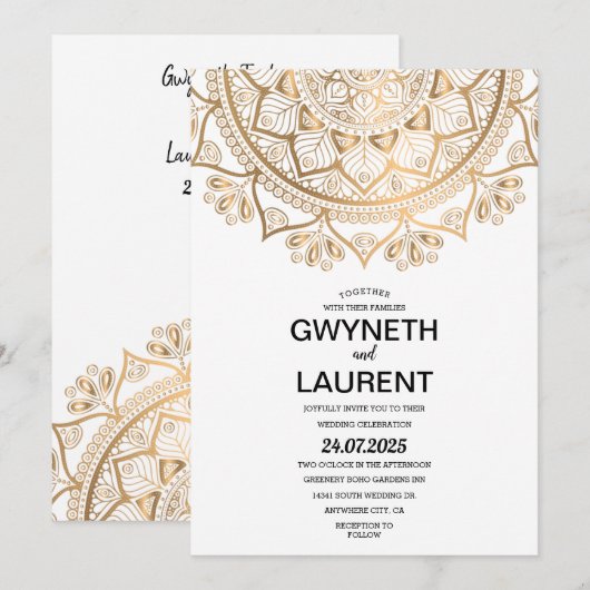 Minimalistisch Modern Golden Luxury Mandala Weddin Kaart (Voorkant / Achterkant)