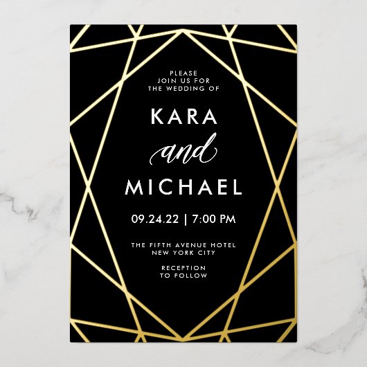 Minimalistisch modern goud op zwart | Weddenschap Folie Uitnodiging (Voorkant)
