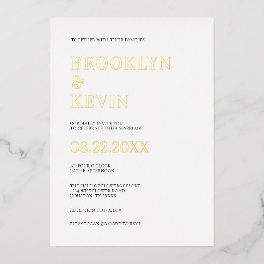 Minimalistisch modern goudhuwelijk | QR-code Folie Uitnodiging (Voorkant)