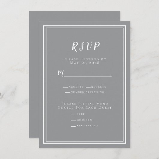 Minimalistisch modern grijs kleurig RSVP-menu (Voorkant / Achterkant)