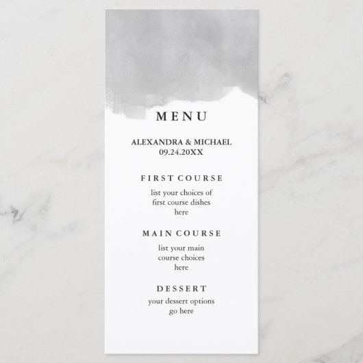 Minimalistisch modern grijs Waterverf bruiloft men Menu (Voorkant)