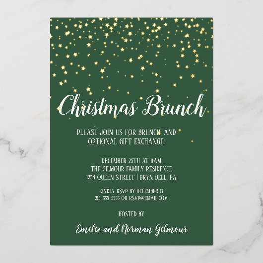 Minimalistisch Modern|Groen Kerstbrunch Goud Folie Uitnodiging (Voorkant)