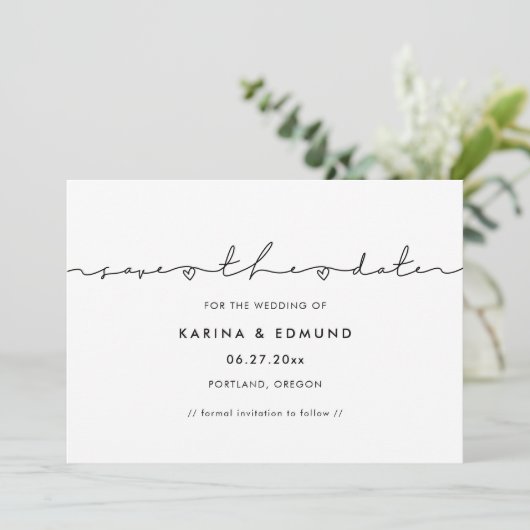 Minimalistisch modern handgeschreven Save the date (Staand voorkant)