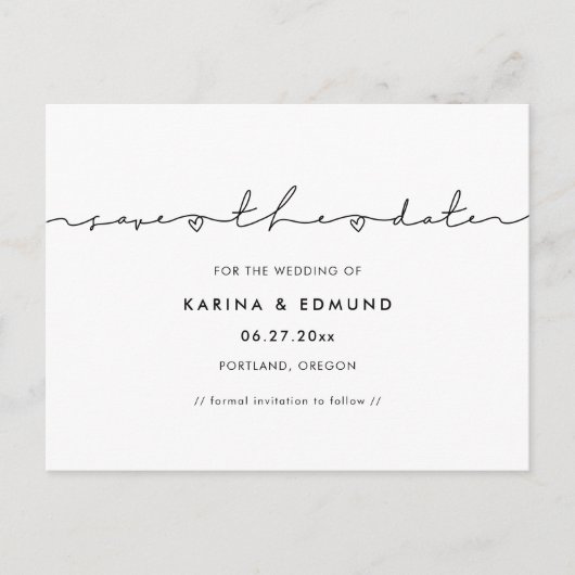 Minimalistisch modern handgeschreven Save the date Briefkaart (Voorkant)