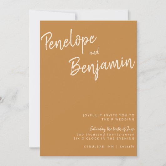 Minimalistisch modern handschrift Mustard Boho Wed Kaart (Voorkant)
