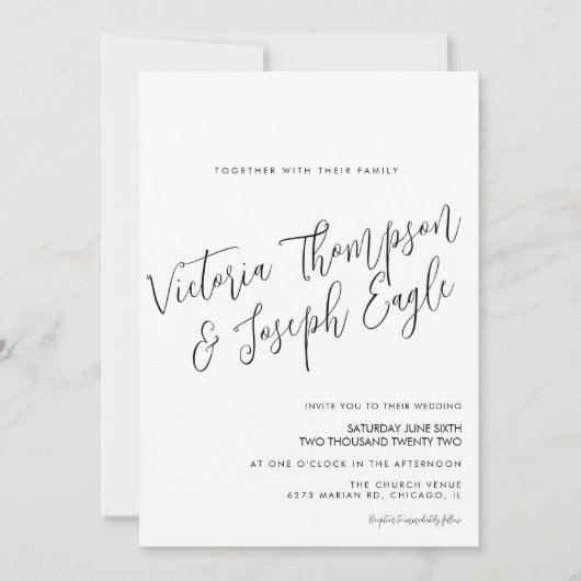 Minimalistisch modern handschrift zwart withuwelij kaart (Voorkant)