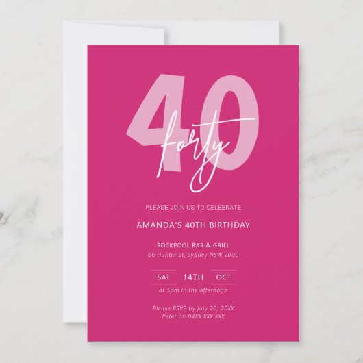 Minimalistisch Modern Heet Roze 40ste Verjaardagsf Kaart (Voorkant)