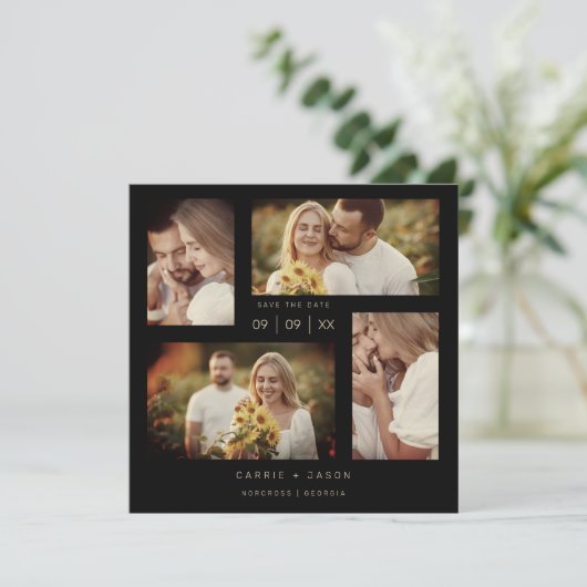 Minimalistisch modern huwelijk met vier foto's col save the date (Staand voorkant)