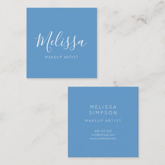 Minimalistisch modern kalligrafiblauw vierkante visitekaartje (Voorkant / Achterkant)