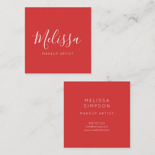 Minimalistisch modern kalligrafie rood vierkante visitekaartje (Voorkant / Achterkant)