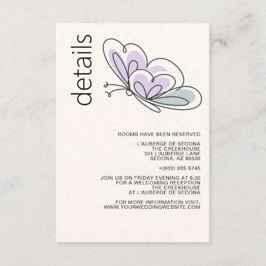 Minimalistisch Modern Lila en Stoffig Blauw Vlinde Informatiekaartje (Voorkant)