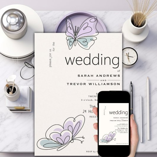 Minimalistisch Modern Lila en Stoffig Blauw Vlinde Kaart