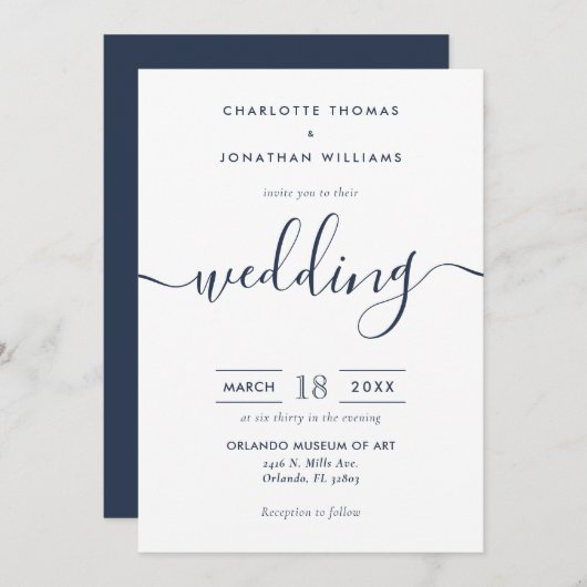 Minimalistisch modern Manuscript Navy Blue Wedding Kaart (Voorkant / Achterkant)