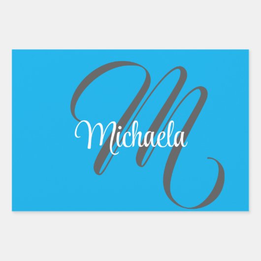 Minimalistisch modern monogram initiaal naam blauw inpakpapier vel (Voorkant 3)