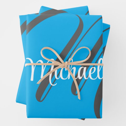 Minimalistisch modern monogram initiaal naam blauw inpakpapier vel (In situ)