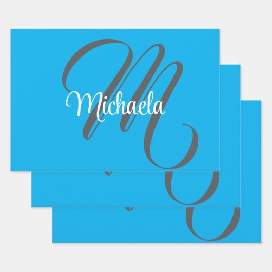 Minimalistisch modern monogram initiaal naam blauw inpakpapier vel (Set)