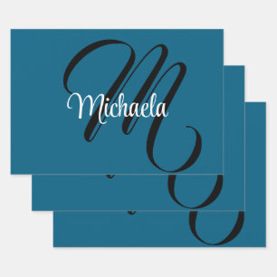 Minimalistisch modern monogram initiaal naam blauw inpakpapier vel