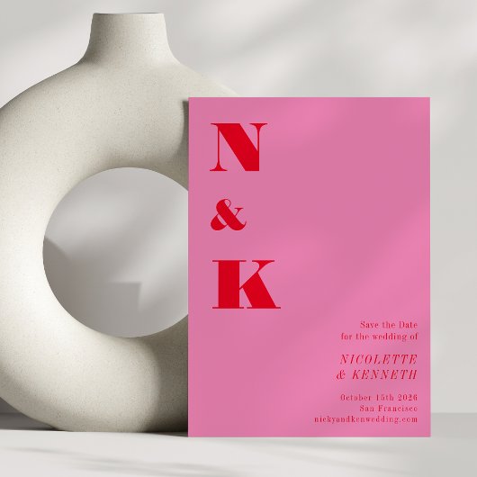 Minimalistisch Modern Monogram Roze Rood Bold Brui Save The Date