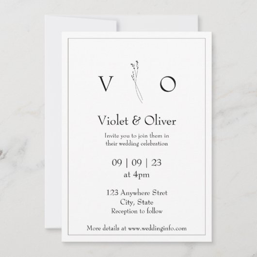 Minimalistisch modern monogram zwart-wit huwelijk kaart (Voorkant)