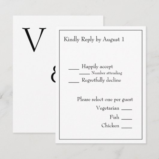 Minimalistisch modern monogram zwart-wit huwelijk RSVP kaartje (Voorkant / Achterkant)