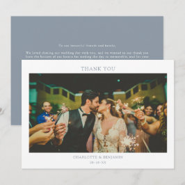 Minimalistisch modern mosterd blauw fotohuwelijk bedankkaart