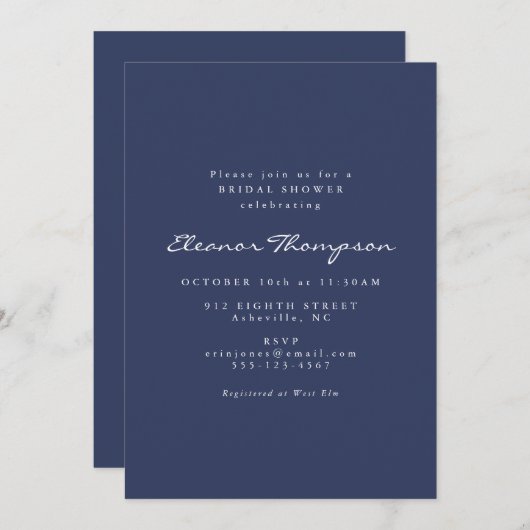 Minimalistisch modern Navy Blue Script-Vrijgezelle Kaart (Voorkant / Achterkant)