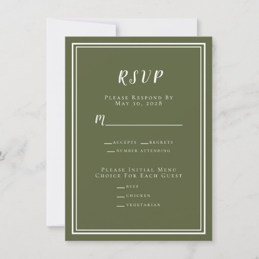 Minimalistisch modern Olive Green Wedding RSVP Men (Voorkant)