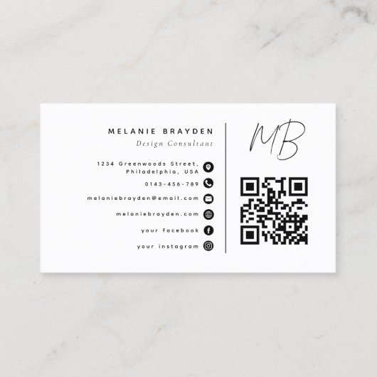 Minimalistisch Modern Professioneel Monogram QR Co Visitekaartje (Achterkant)