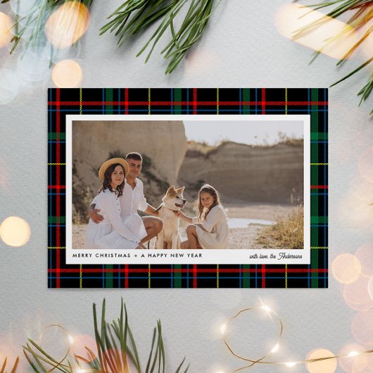 Minimalistisch Modern Rood + Groen Plaid 1 foto Feestdagenkaart