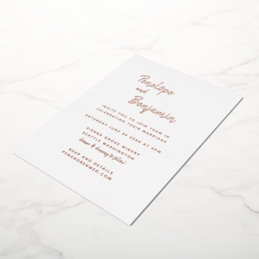 Minimalistisch modern Roos Gold en fotohuwelijk Folie Uitnodiging (Gedraaid)